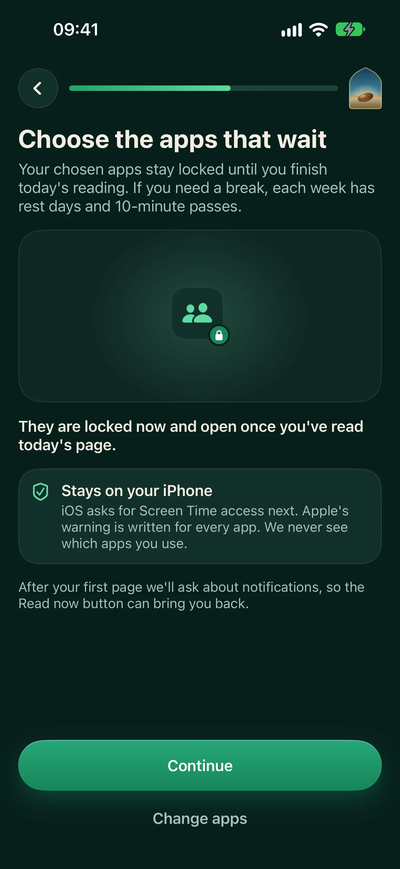 Choosing which apps to lock, with a preview of the screen that appears until today’s reading is done.