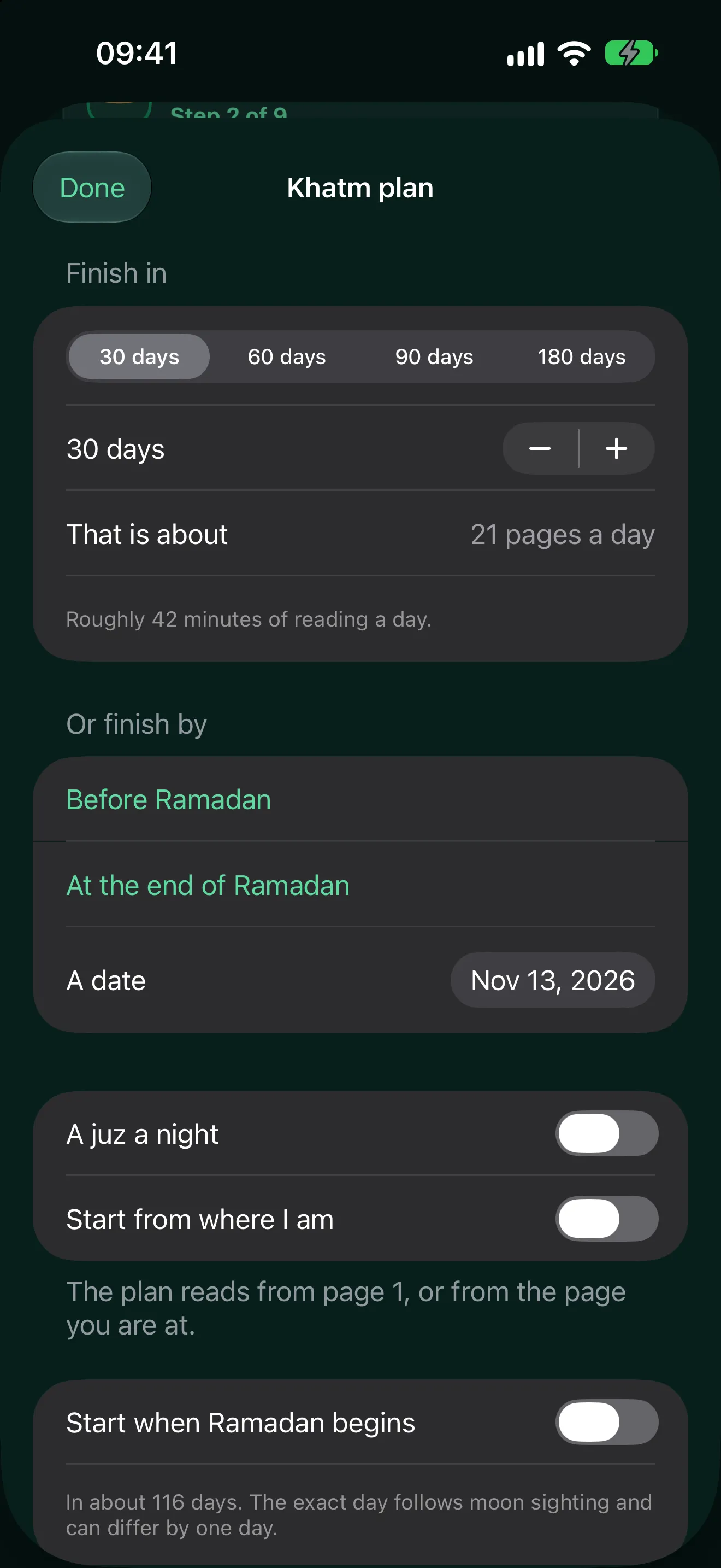 The khatm plan in the app: finish in 30, 60, 90 or 180 days, by a date, or before Ramadan.