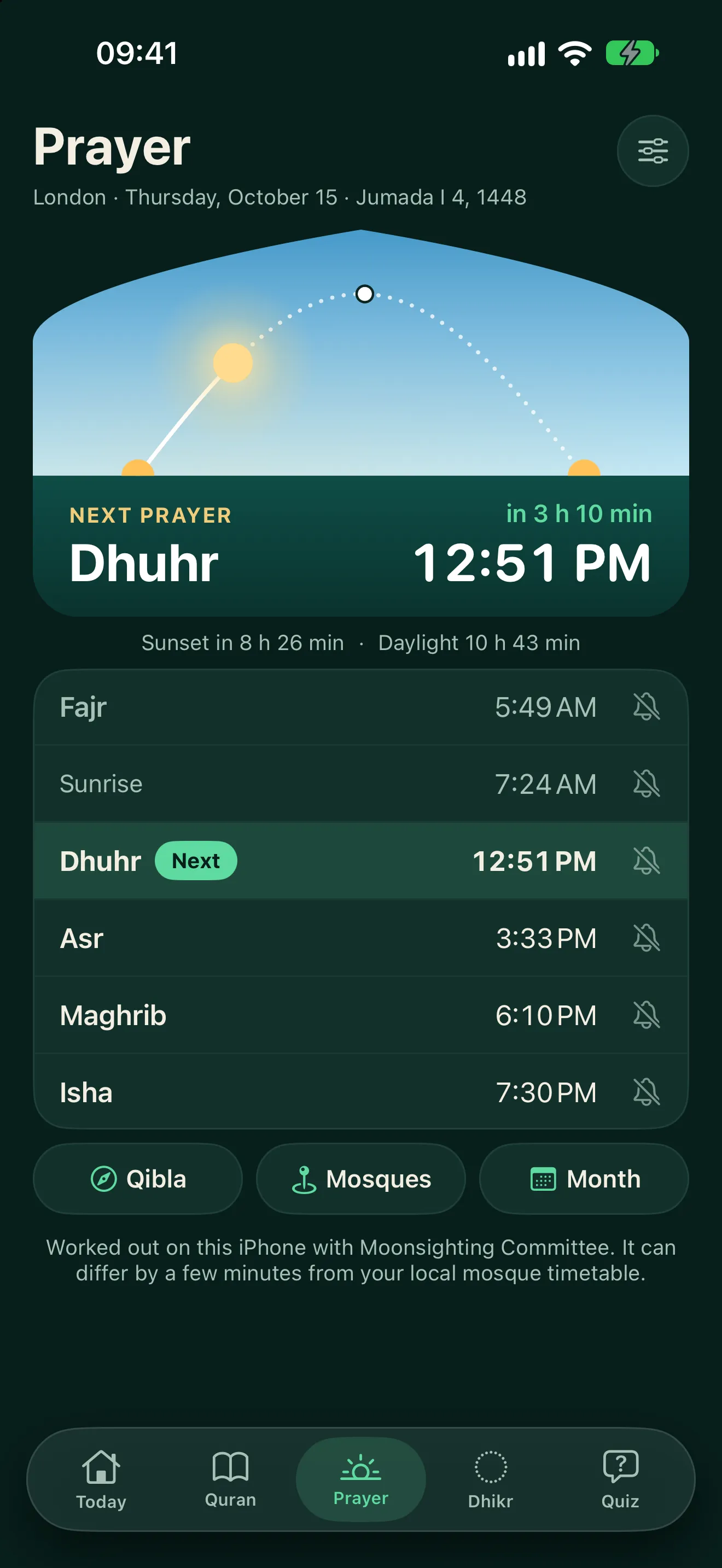 The Prayer screen with today’s prayer times.