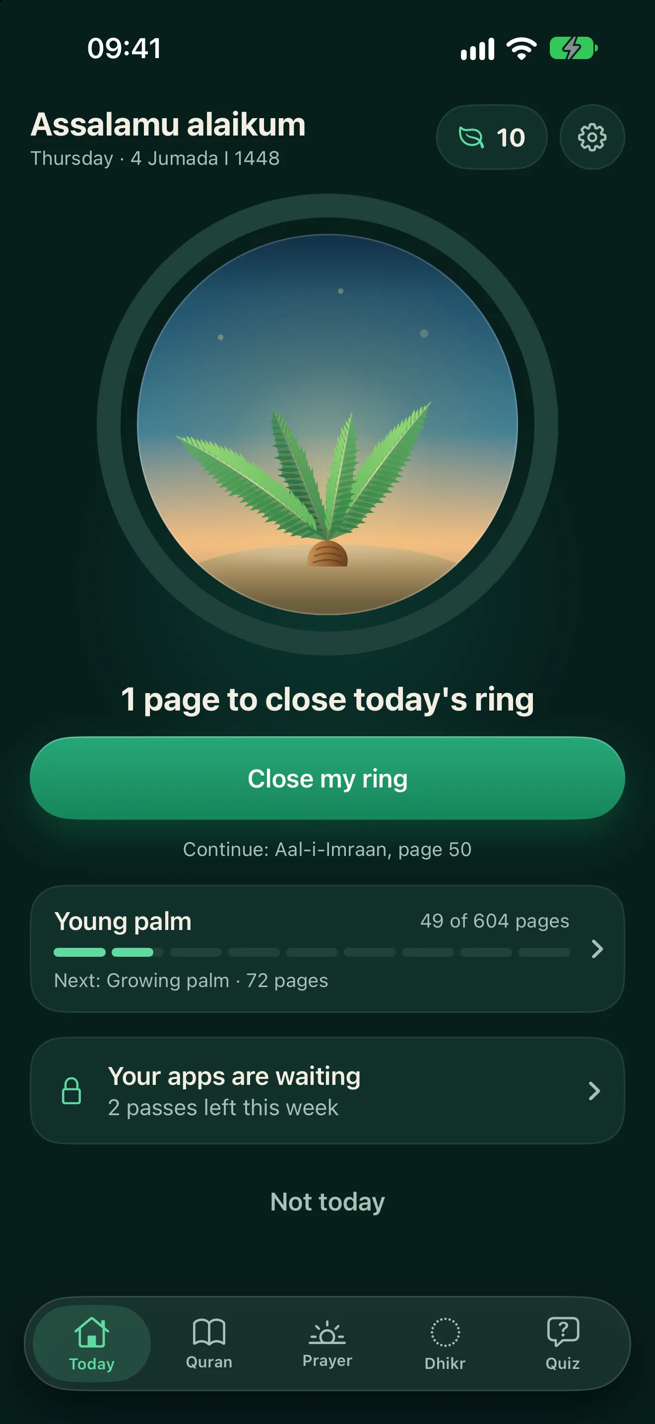 Today’s ring with a young palm inside and the words “1 page to close today’s ring”.