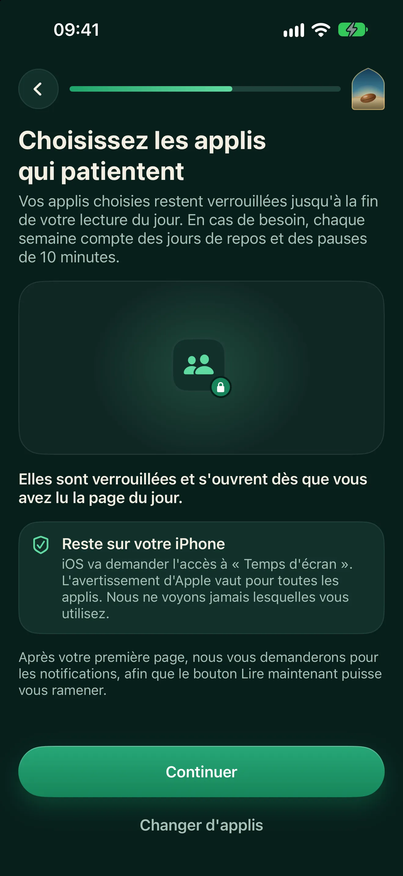Le choix des applis à bloquer, avec un aperçu de l’écran qui s’affiche jusqu’à la fin de la lecture du jour.