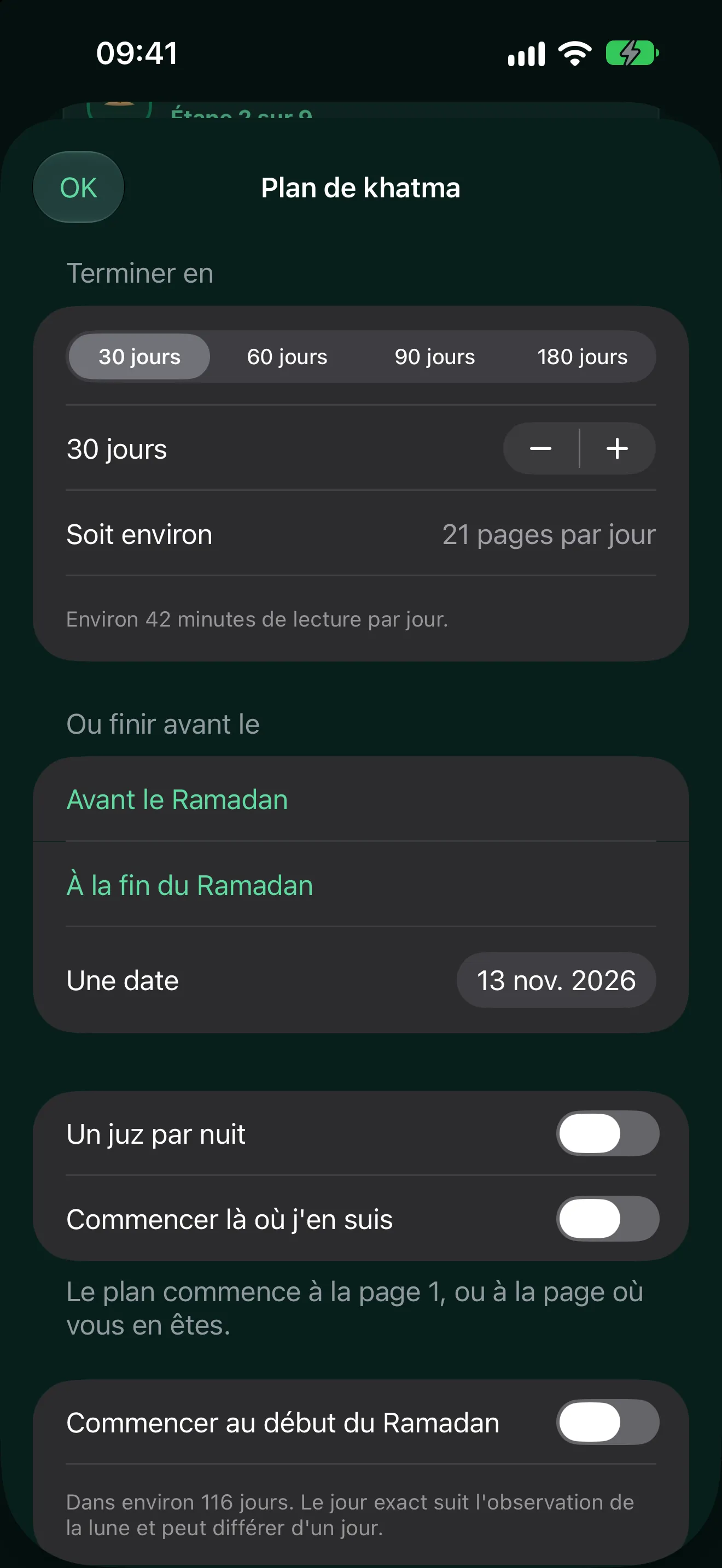 Le plan de khatma : terminer en 30, 60, 90 ou 180 jours, soit environ 21 pages par jour, ou finir avant le Ramadan.