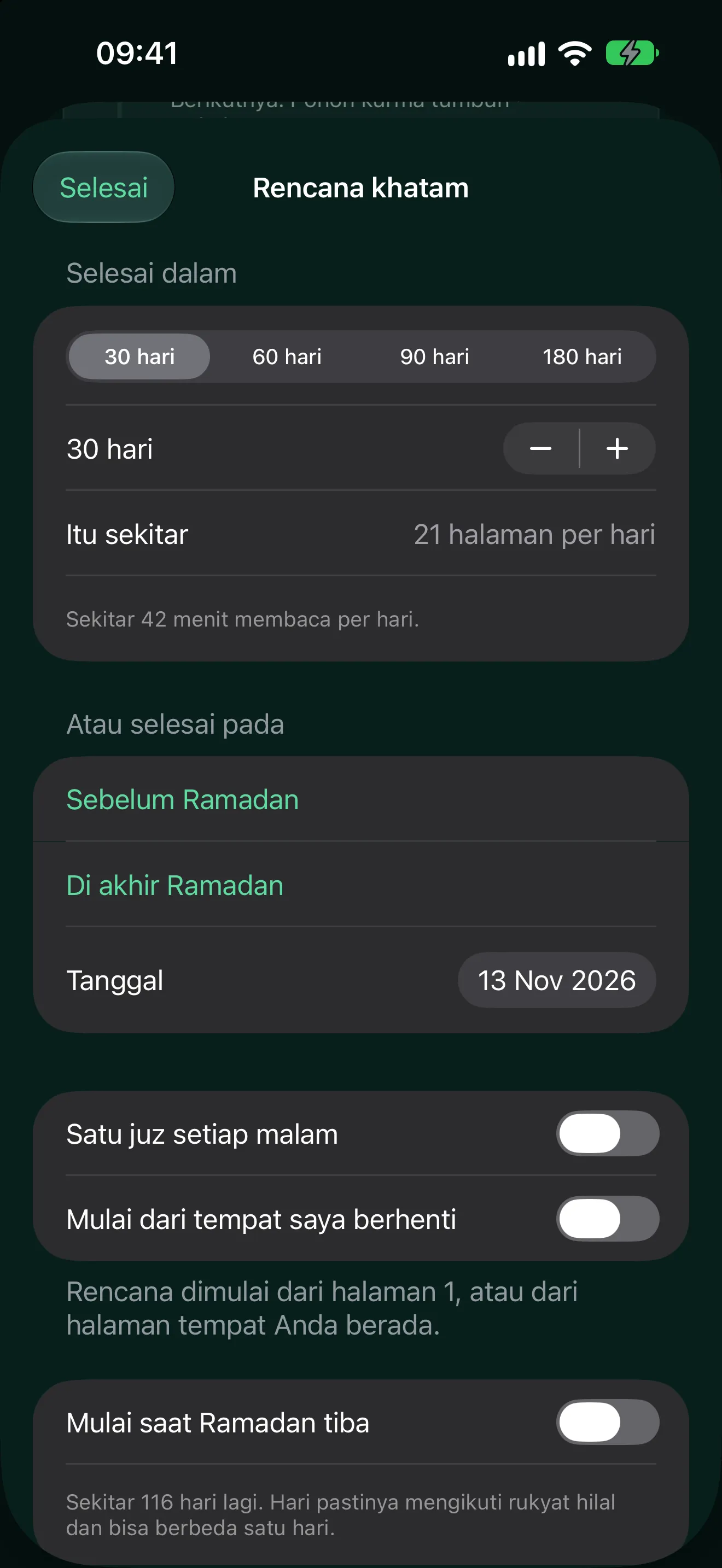 Rencana khatam: selesai dalam 30, 60, 90 atau 180 hari, sekitar 21 halaman per hari, atau selesai sebelum Ramadan.