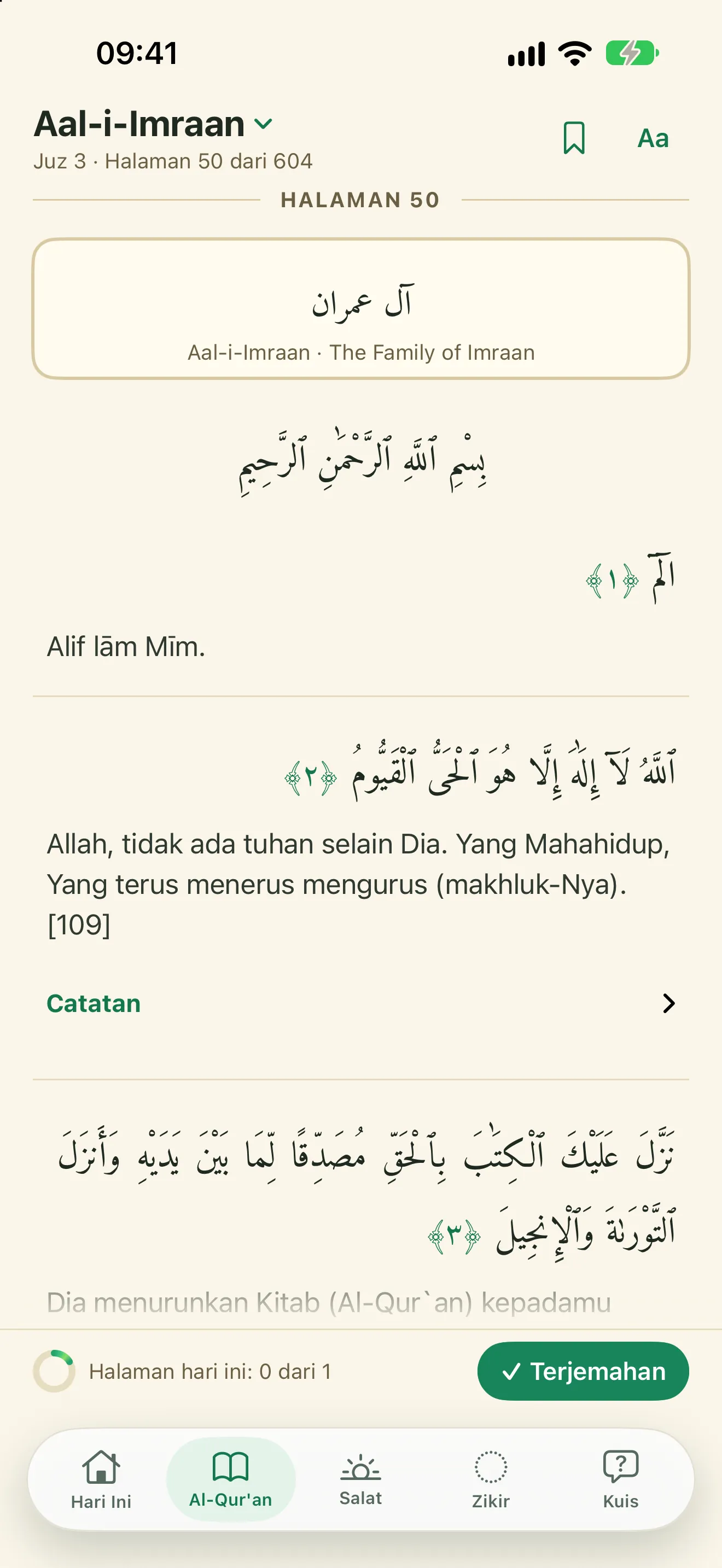 Halaman Al-Qur’an di aplikasi: Aal-i-Imraan, halaman 50 dari 604, dengan teks Arab dan terjemahan bahasa Indonesia di bawah setiap ayat.