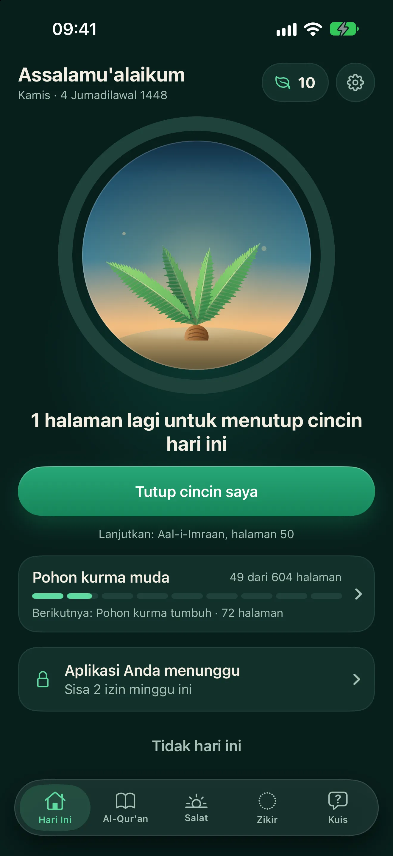 Layar Hari Ini: cincin dengan pohon kurma muda di dalamnya, “1 halaman lagi untuk menutup cincin hari ini” dan tombol Tutup cincin saya.