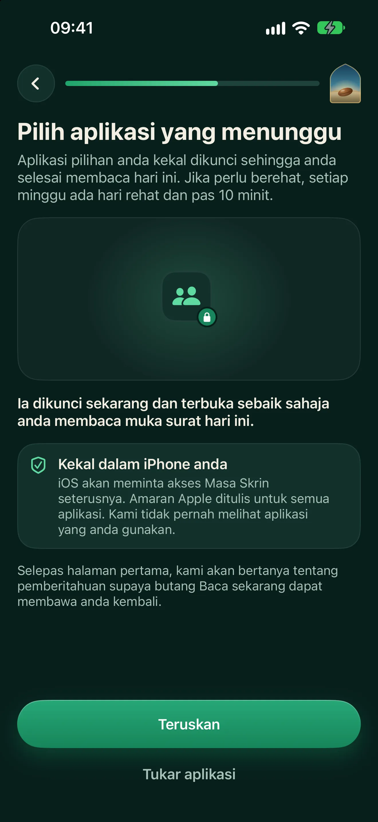 Langkah memilih aplikasi yang menunggu sehingga bacaan hari ini selesai, dalam aplikasi.