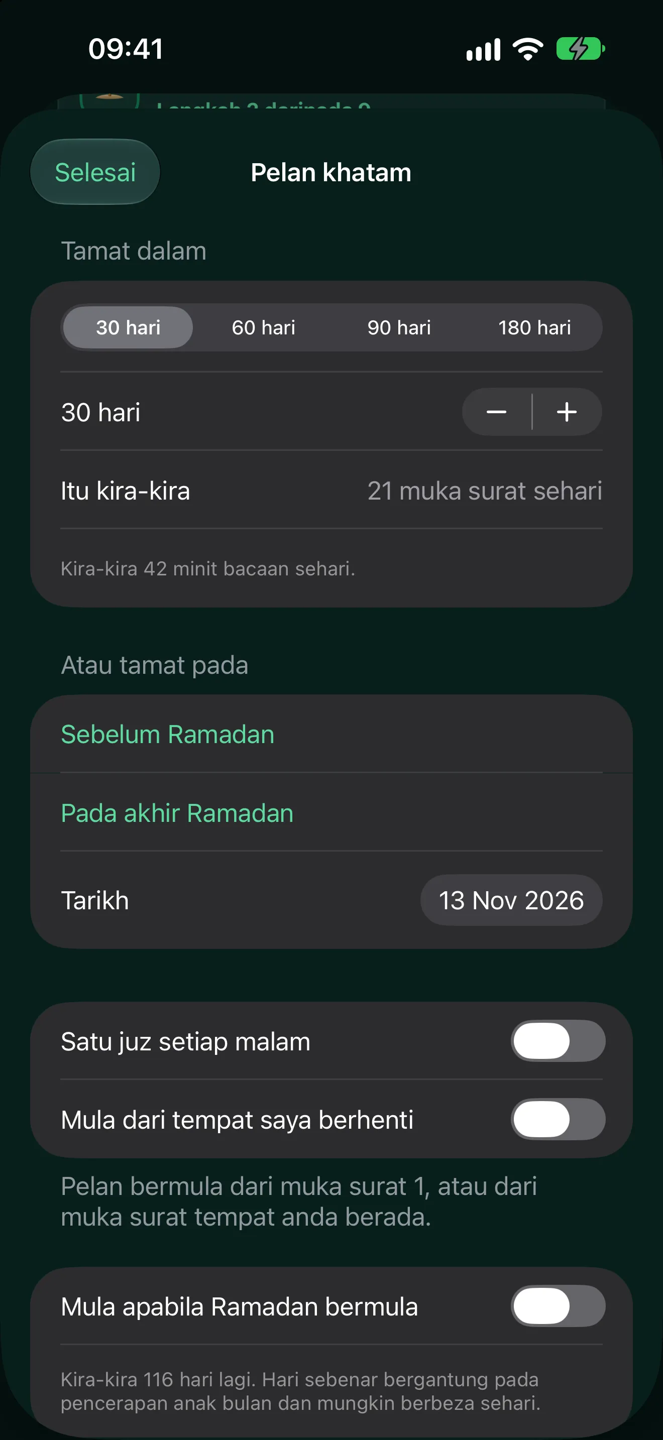 Pelan khatam: tamat dalam 30, 60, 90 atau 180 hari, kira-kira 21 muka surat sehari, atau tamat sebelum Ramadan.